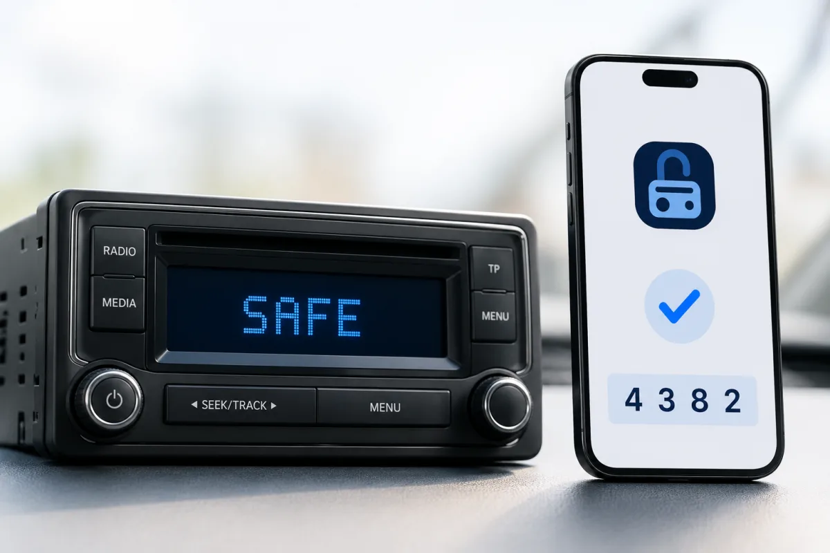 Avtoradio z odklepno kodo, prikazano na telefonu